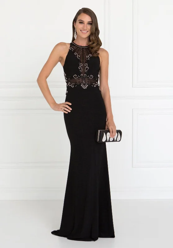 Beaded Maternity Evening Dress-Long Sleeveless Beaded Illusion Dress by Elizabeth K GL2298