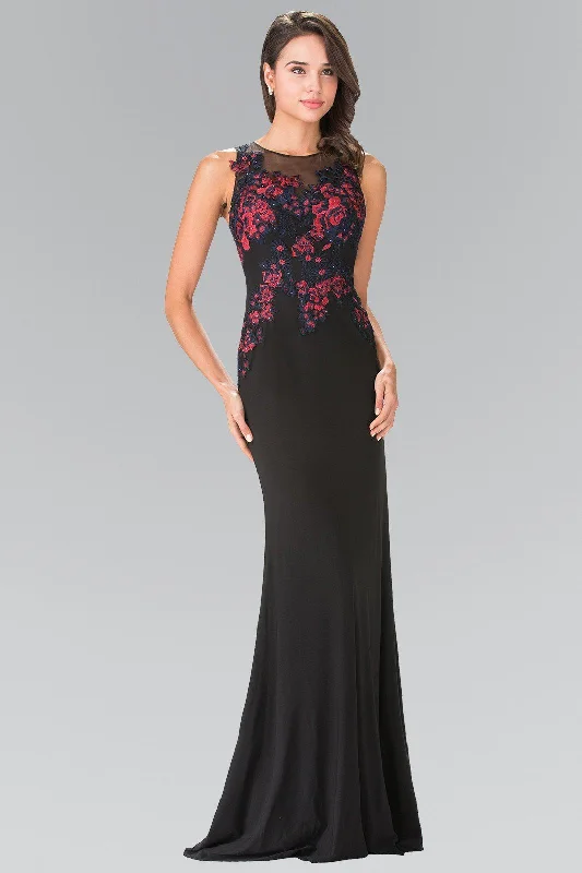 Beaded Cocktail Evening Dress-Long Illusion Dress with Floral Embroidery by Elizabeth K GL2238