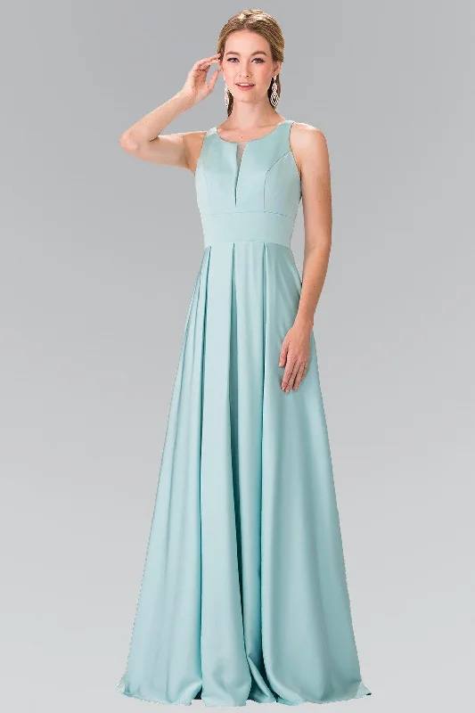 Satin Yellow Evening Dress-Long Sleeveless Pleated Dress with Sheer Panel by Elizabeth K GL2365