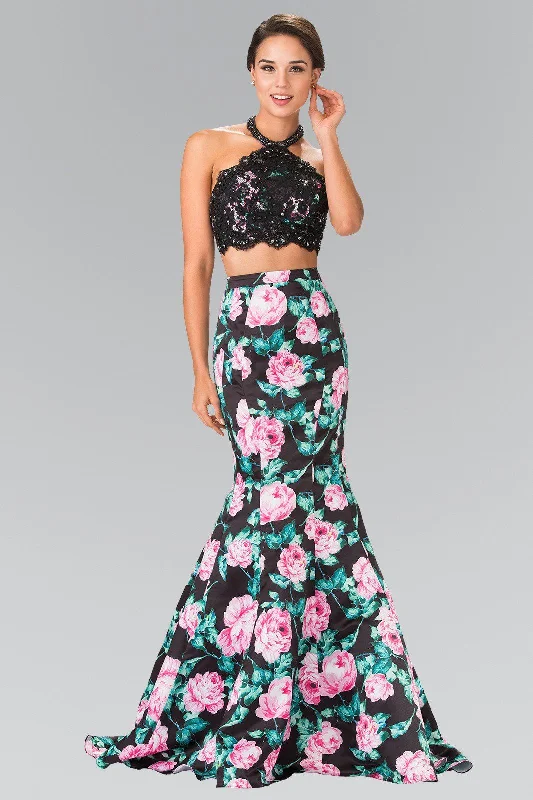 Lace Black Evening Dress-Long Two-Piece Floral Print Halter Dress by Elizabeth K GL2259