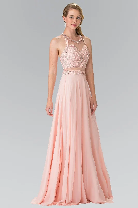 One Shoulder Satin Evening Dress-Mock Two-Piece Dress with Beaded Illusion Top by Elizabeth K GL2347