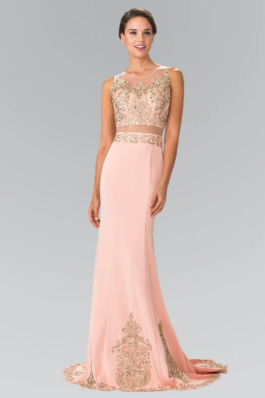 Satin High Neck Evening Dress-Mock Two-Piece Embroidered Illusion Dress by Elizabeth K GL2248