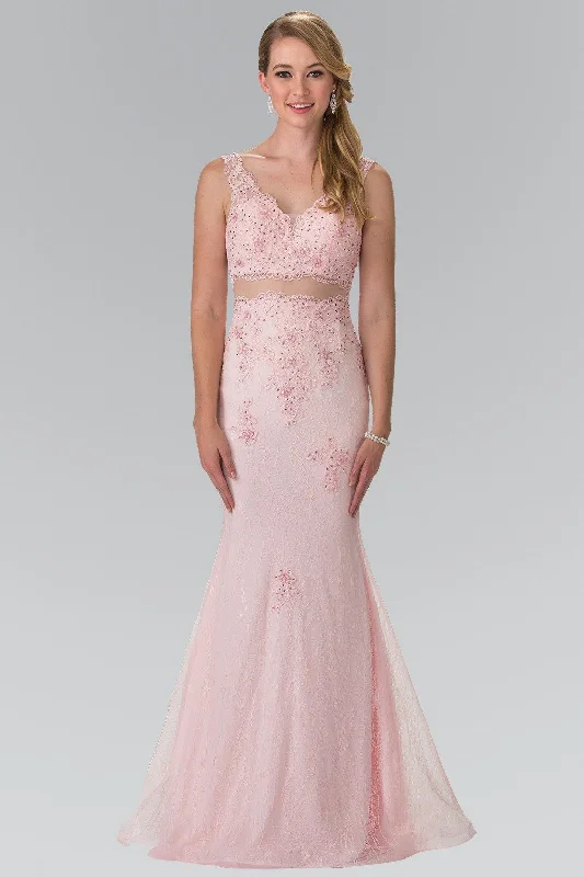 Formal V Neck Evening Dress-Mock Two-Piece Embroidered Lace Dress by Elizabeth K GL2240