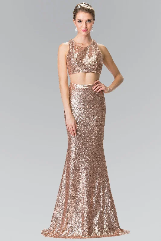 Velvet One Shoulder Evening Dress-Mock Two-Piece Sequined Dress with Side Cutouts by Elizabeth K GL2333