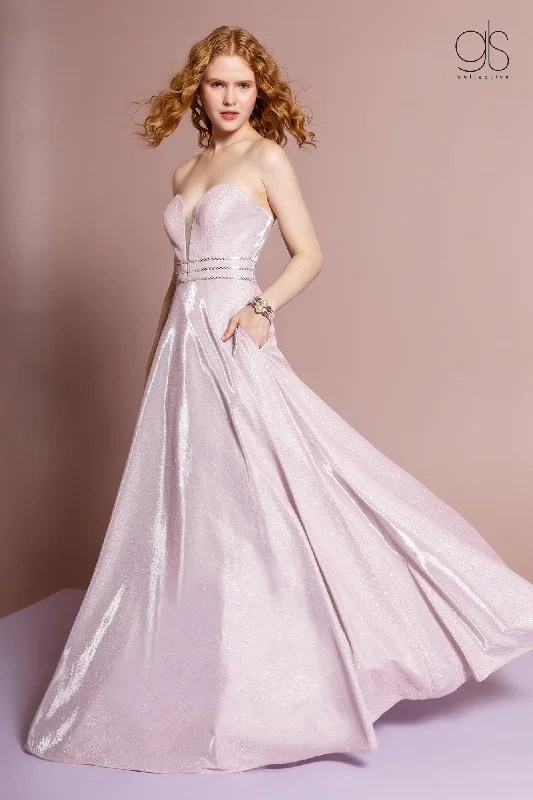 One Shoulder Satin Evening Dress-Pink Long Strapless Glitter A-Line Dress by Elizabeth K GL2674