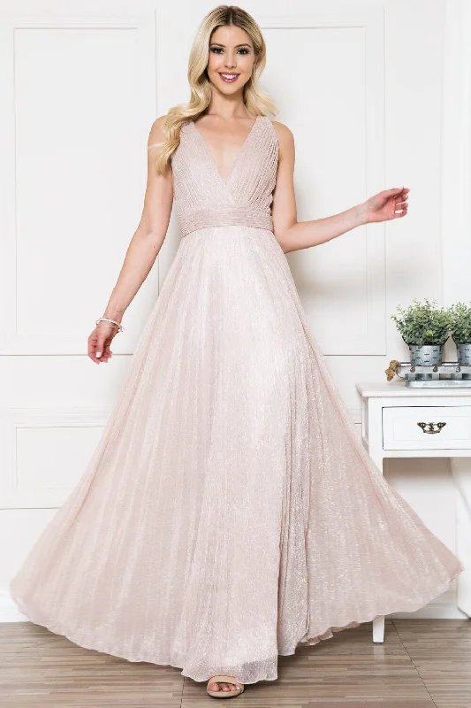 Pink Plaid Evening Dress-Pleated Metallic V-Neck Gown by Amelia Couture L598