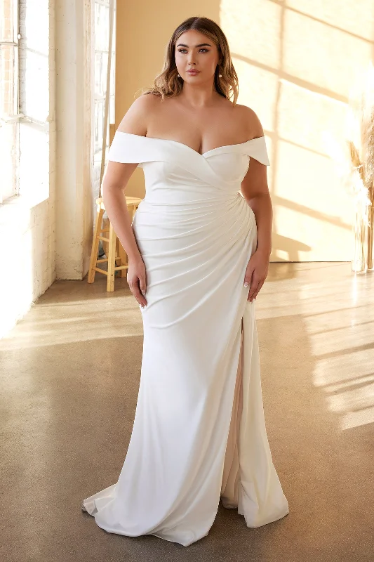 Halter Burgundy Evening Dress-Plus Size White Off Shoulder Gown by Cinderella Divine CD930C