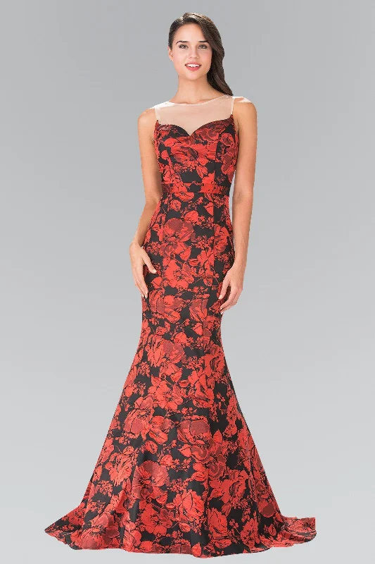 Silver Sleeveless Evening Dress-Red/Black Floral Print Dress with Sheer Neckline by Elizabeth K GL2246