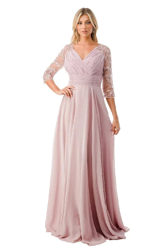 Long Elegant Evening Dress-Ruched Applique 3/4 Sleeve A-line Gown by Coya M2733F