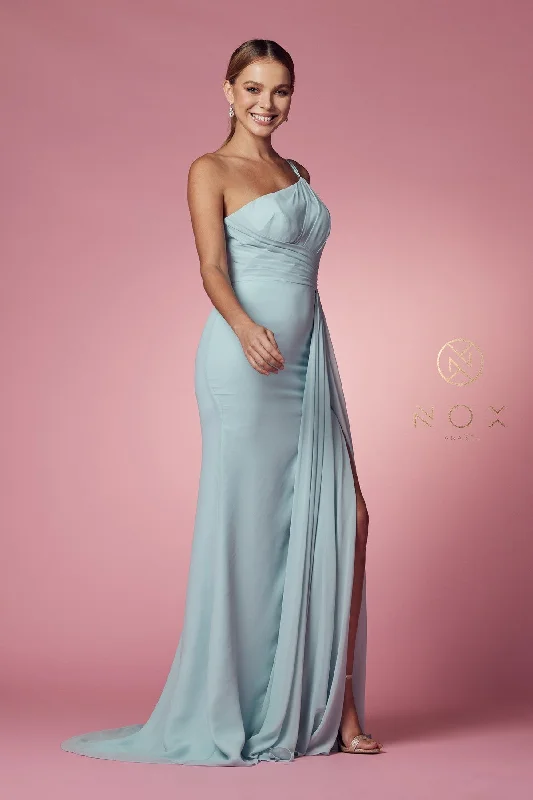 Sequin Grey Evening Dress-Ruched Long One Shoulder Dress by Nox Anabel E1005