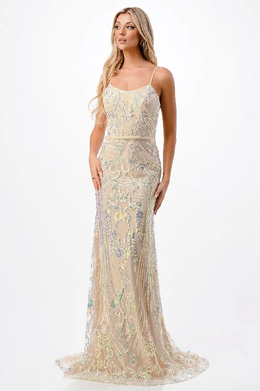 Maxi Navy Evening Dress-Sequin Applique Fitted Sleeveless Gown by Coya P2116