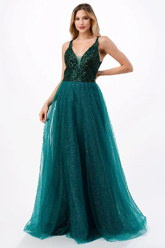 Chiffon Grey Evening Dress-Sequin Bodice Deep V-Neck Tulle Gown by Coya L2684