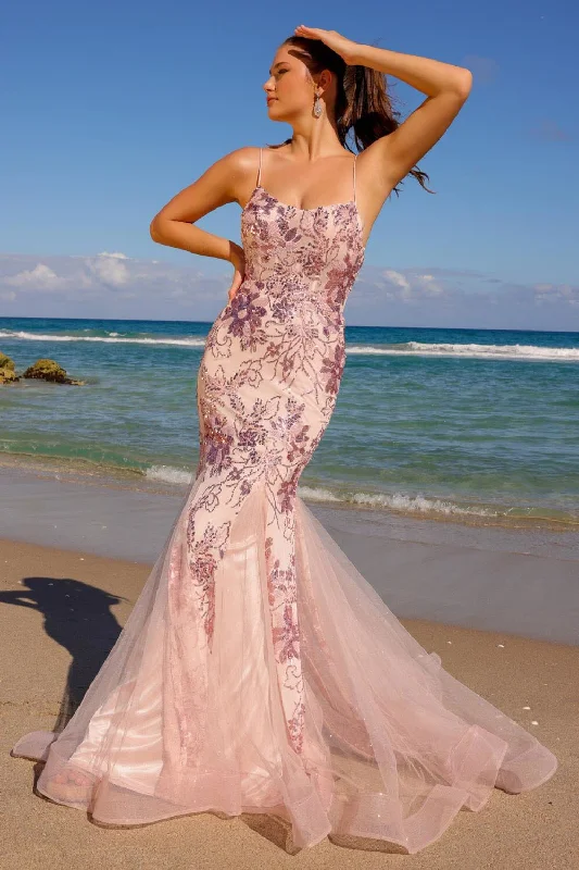 Striped High Neck Evening Dress-Sequin Print Sleeveless Mermaid Dress by Amelia Couture 7038