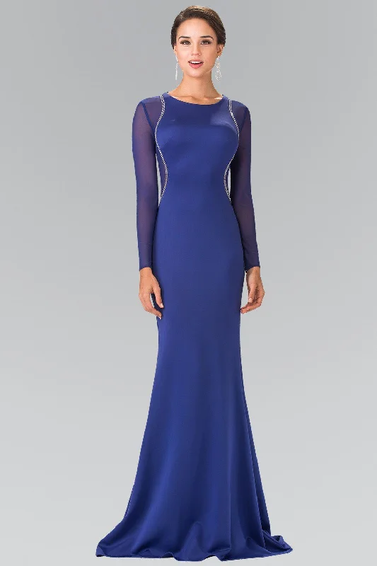 Blue Velvet Evening Dress-Beaded Sheer Long Sleeve Gown by Elizabeth K GL2284 - Outlet