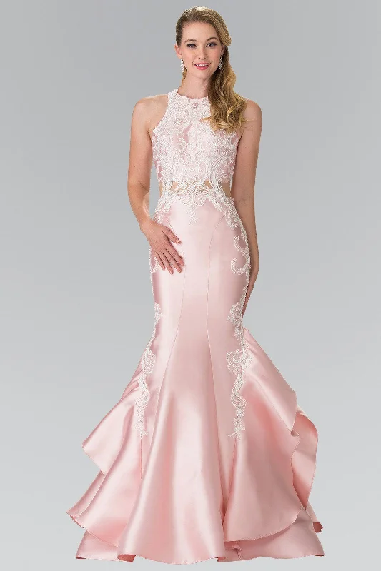 Striped High Neck Evening Dress-Sleeveless Embroidered Mermaid Gown by Elizabeth K GL2356