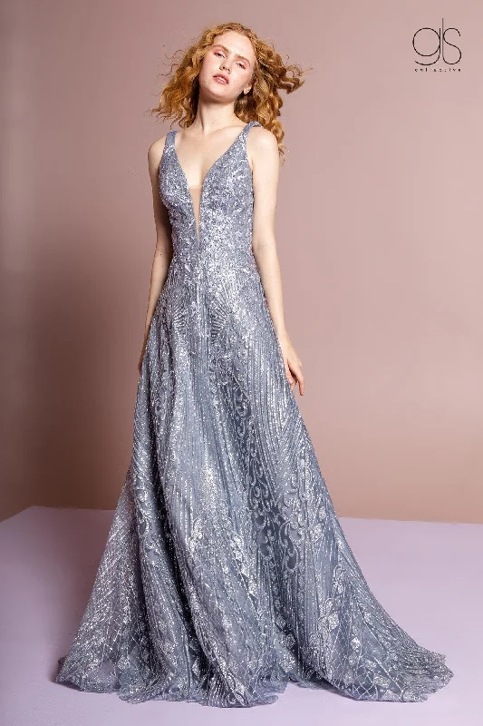 Grey Maxi Evening Dress-Glitter Print Gown with Illusion V-Neckline by GLS Gloria GL2698