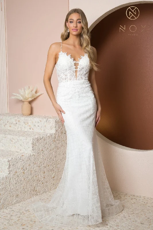 Formal Designer Evening Dress-White Fitted Glitter Print Mermaid Dress by Nox Anabel R282-1W