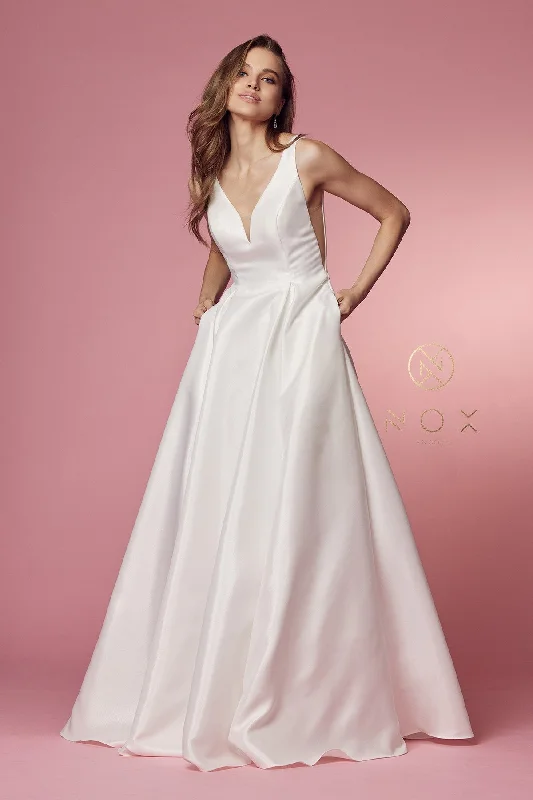 Long Gold Evening Dress-White Long V-Neck Taffeta Dress by Nox Anabel E156W