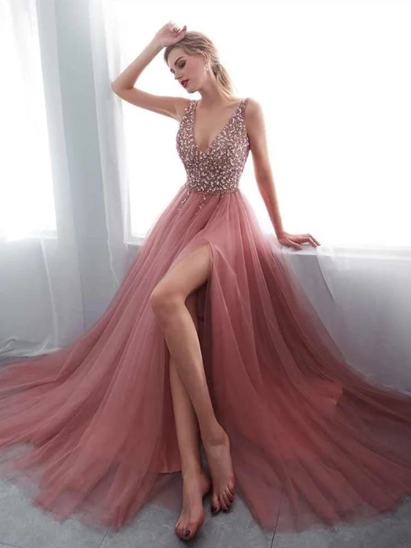 Plus Size Summer Maxi Dresses-A Line V Neck Beaded Pink Tulle Long Prom with Corset Back High Slit, Pink V Neck Formal, Graduation