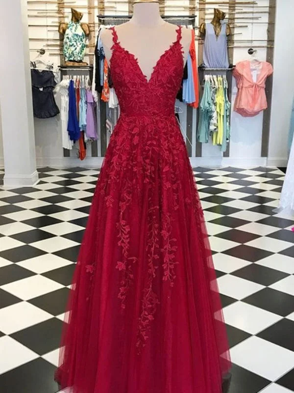 Knit Cozy Maxi Dresses-A Line V Neck Spaghetti Straps Floor Length Backless Burgundy/Red Lace Long Prom, Lace Burgundy/Red Formal