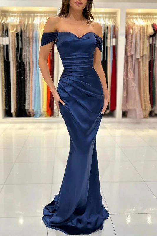 Winter White Maxi Dresses-Royal Blue Sweetheart Off-the-Shoulder Long Prom Formal Dress with Pleats