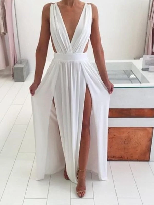 Striped Casual Maxi Dresses-Sexy A Line V Neck White Long Prom with High Slit, V Neck White Formal, White Graduation