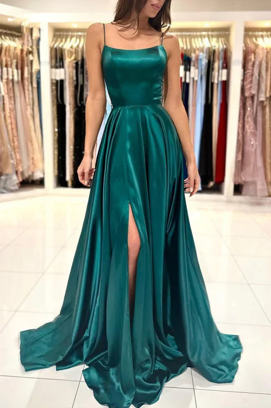 Work Grey Maxi Dresses-Simple Green A Line Split Long Prom Formal Dress