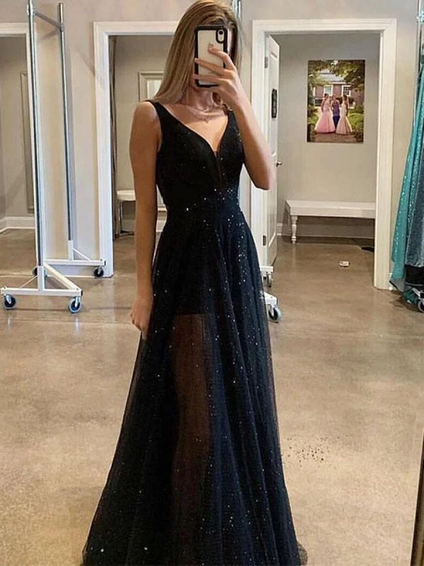 Animal Print Sexy Maxi Dresses-Sparkly Black A Line V Neck Sequins Long Prom, Black Formal, Graduation