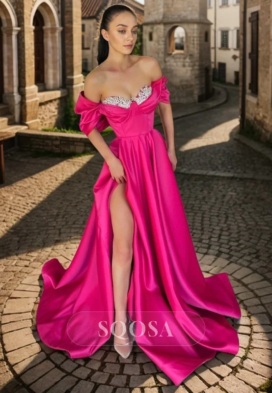 Sleeveless Red Maxi Dresses-A line Off Shoulder Beads Satin Long Prom Formal Dress with Slit