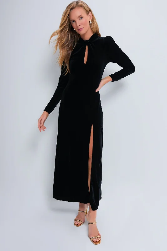 Grey Work Maxi Dresses-Black Velvet Jersey Gathered Long Dress