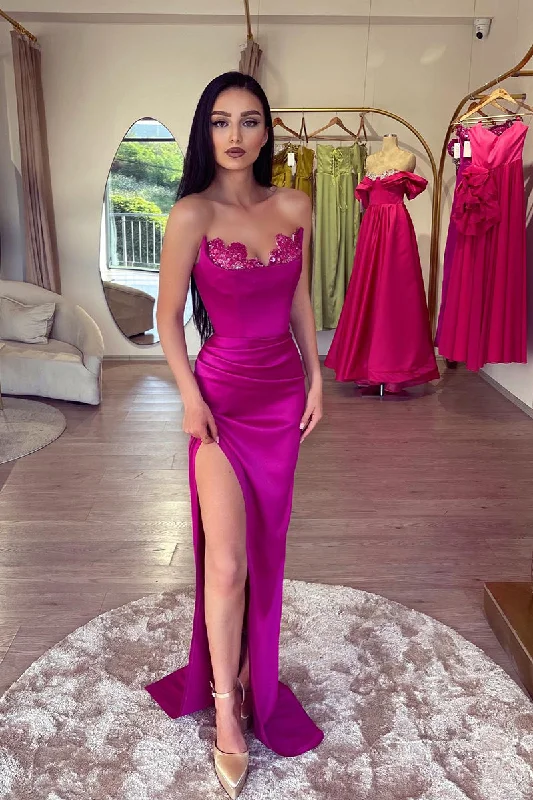 Velvet Pink Maxi Dresses-Sexy V neck Satin Pleats Sheath Long Prom Formal Dress with Slit QP0888