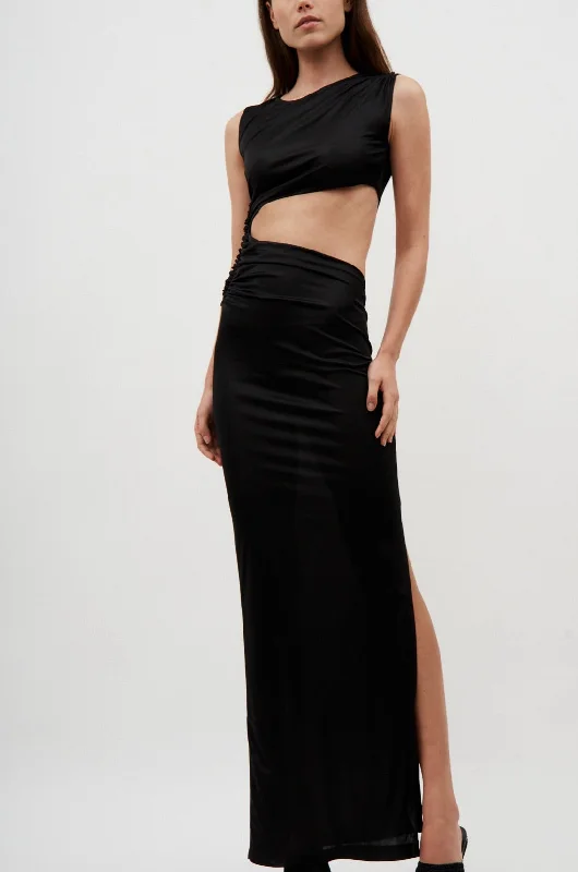 Sleeveless Party Maxi Dresses-Cut Out Sleeveless Black Long Dress