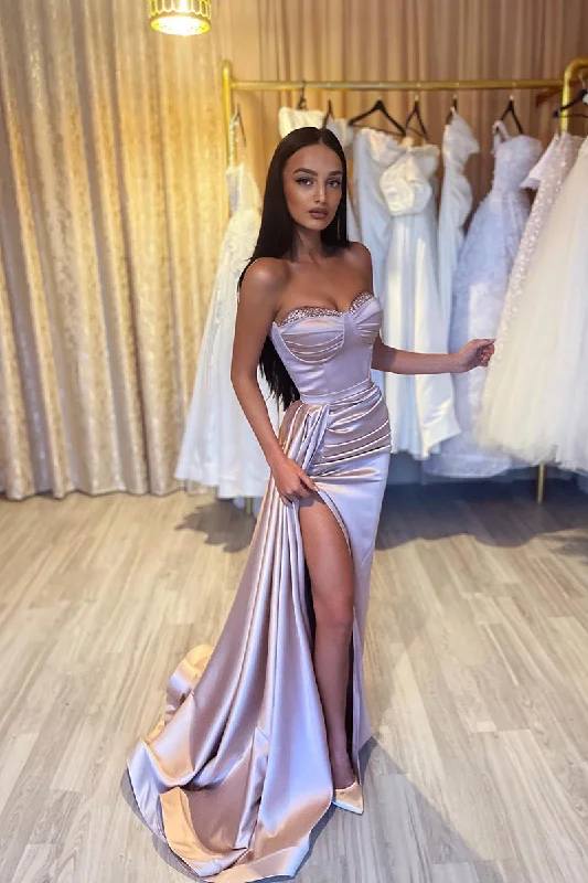 Off Shoulder White Maxi Dresses-Sheath Sweetheart Satin Pleated Long Prom Formal Dress QP0975