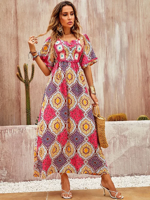 Embroidered Party Maxi Dresses-European and American style holiday long dress with large pattern lace dress W-32832