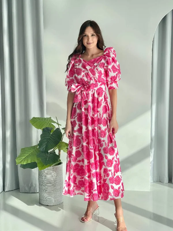 Satin Maxi Dresses-Flora - Long Pink Cotton Floral Dress