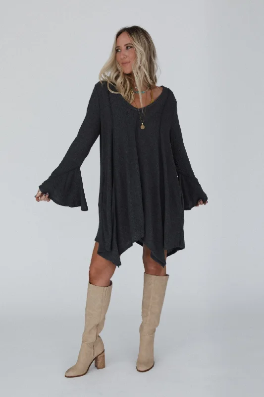 Mesh Grey Maxi Dresses-The Nest Golden Hour Long Bell Sleeve Tunic Dress - Charcoal