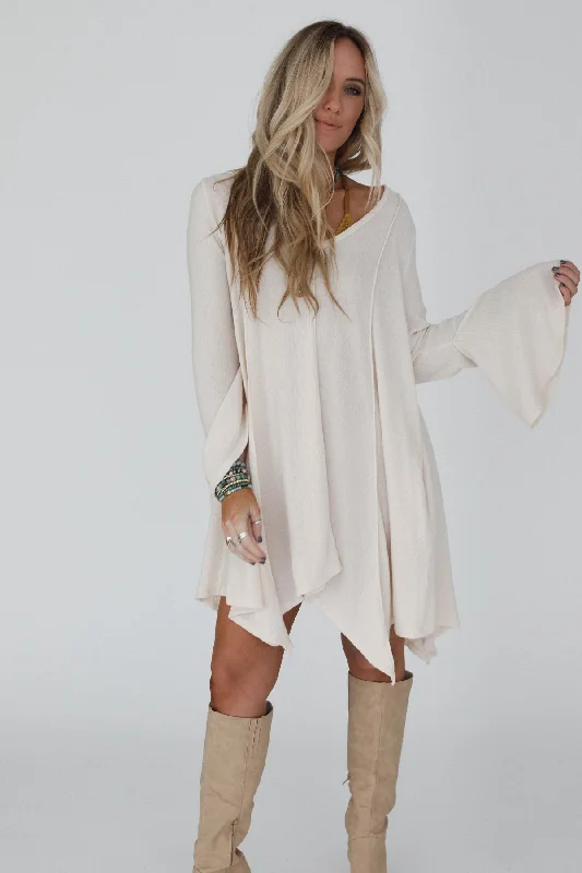 Off Shoulder White Maxi Dresses-The Nest Golden Hour Long Bell Sleeve Tunic Dress - Cream