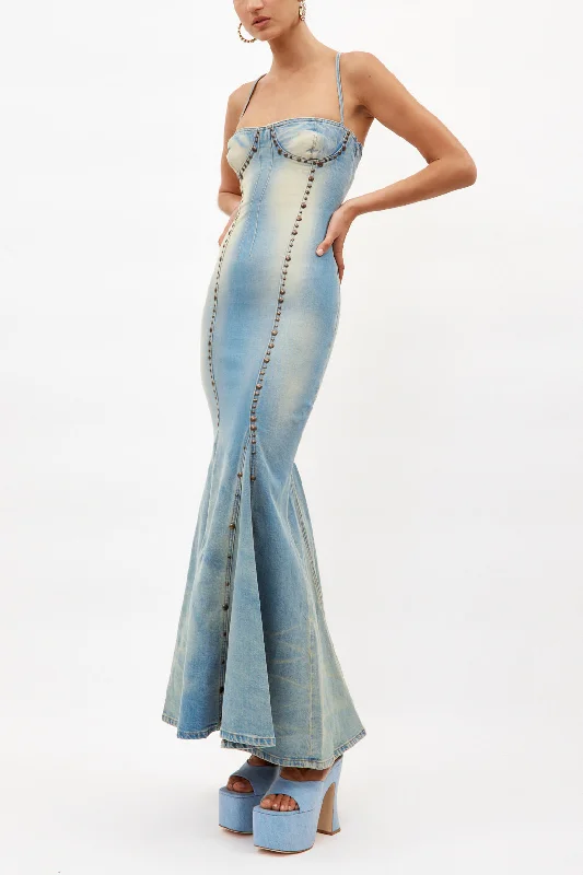 Designer Beach Maxi Dresses-Jean Ticino Warm Sand Long Dress with Studs