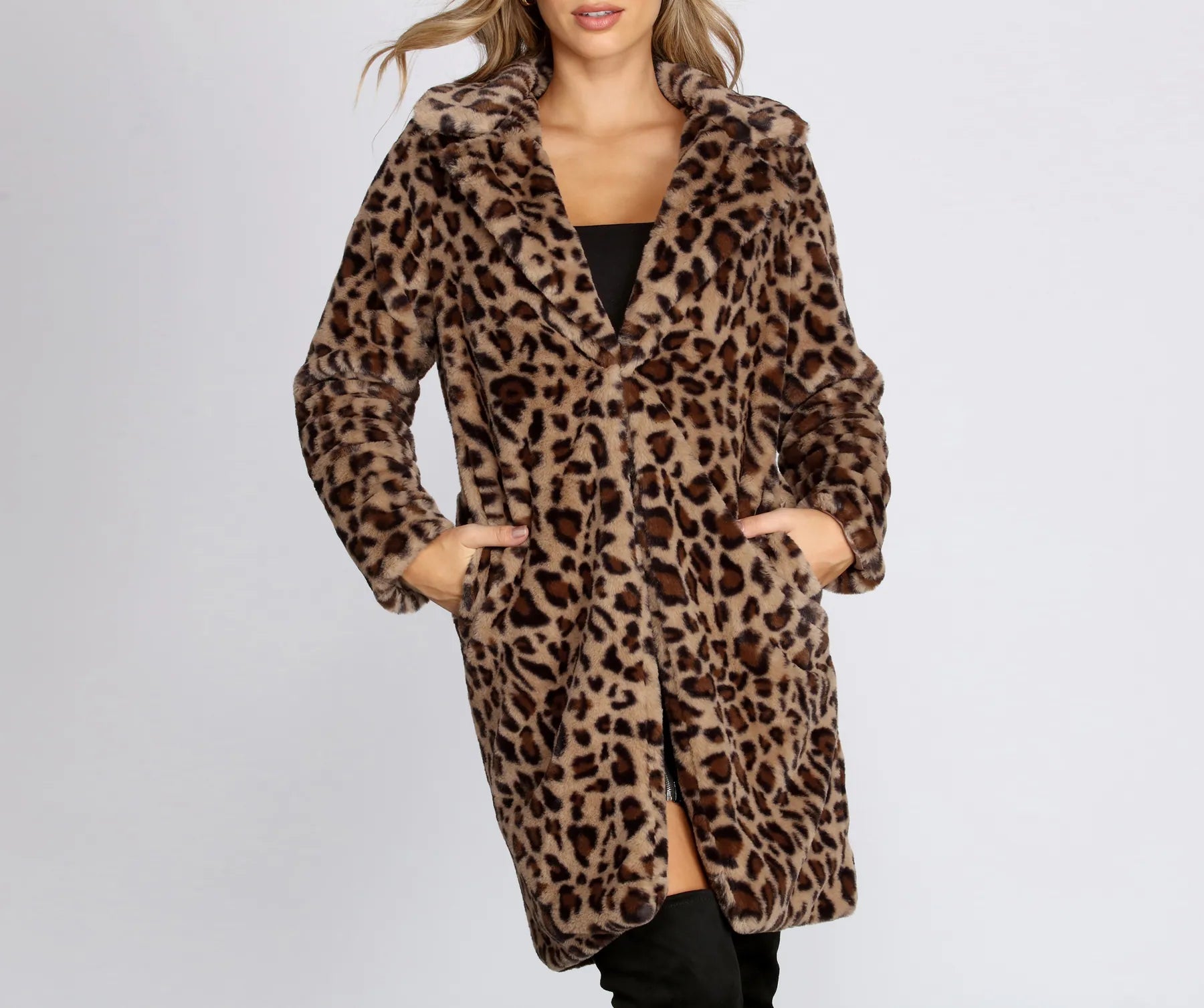 Purple Maxi Dresses-Leopard Long Line Faux Fur Coat