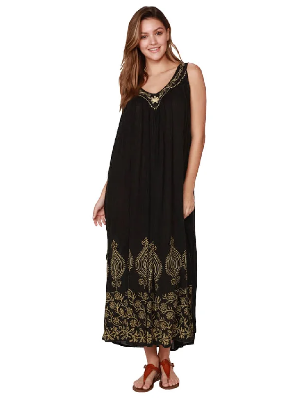 Floral Boho Maxi Dresses-Long crinkle dress in black rayon with embroidery and print