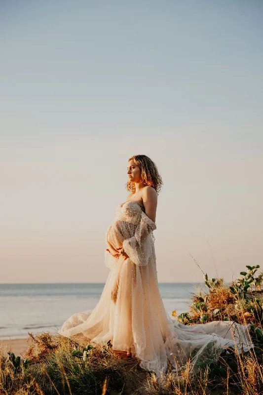 Green Boho Maxi Dresses-Maternity Photoshoot Dresses - Pearl Tulle Long Sleaves - Champagne - RENTAL