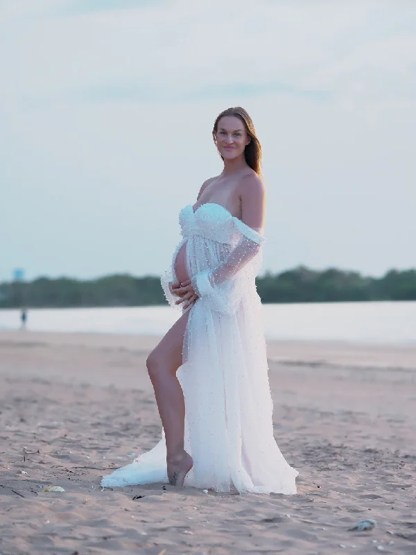 White Summer Maxi Dresses-Maternity Photoshoot Dresses - Pearl Tulle Long Sleaves - White - RENTAL