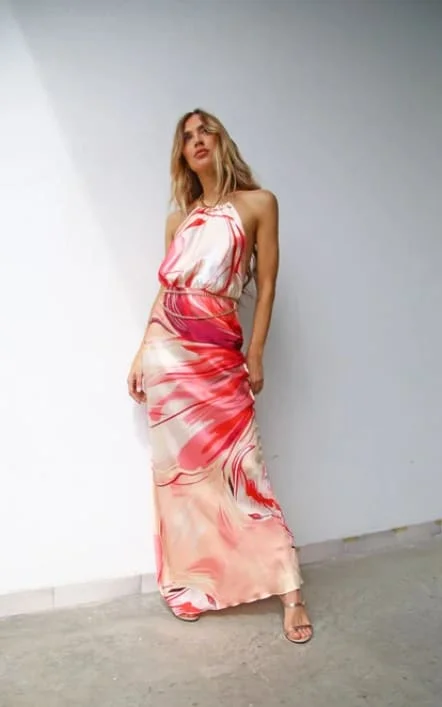 Silk Summer Maxi Dresses-Moqette- Long Halter Dress with Slit