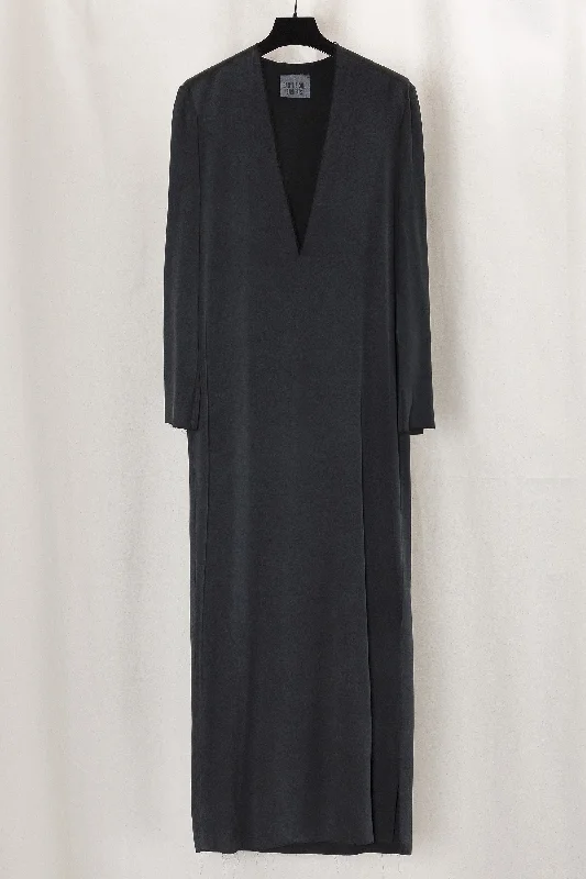 Leather Boho Maxi Dresses-No.125 Black Heavy Silk Longsleeve Dress