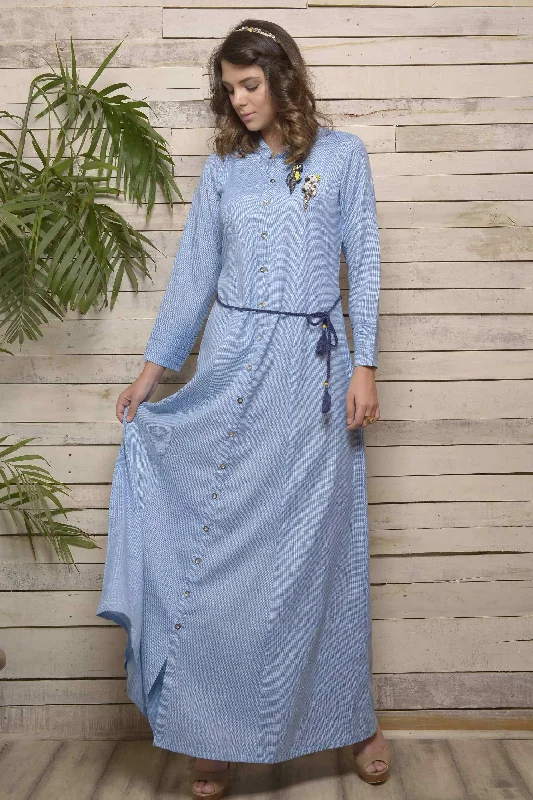 Cotton Maxi Dresses-Blue Checks Long Dress