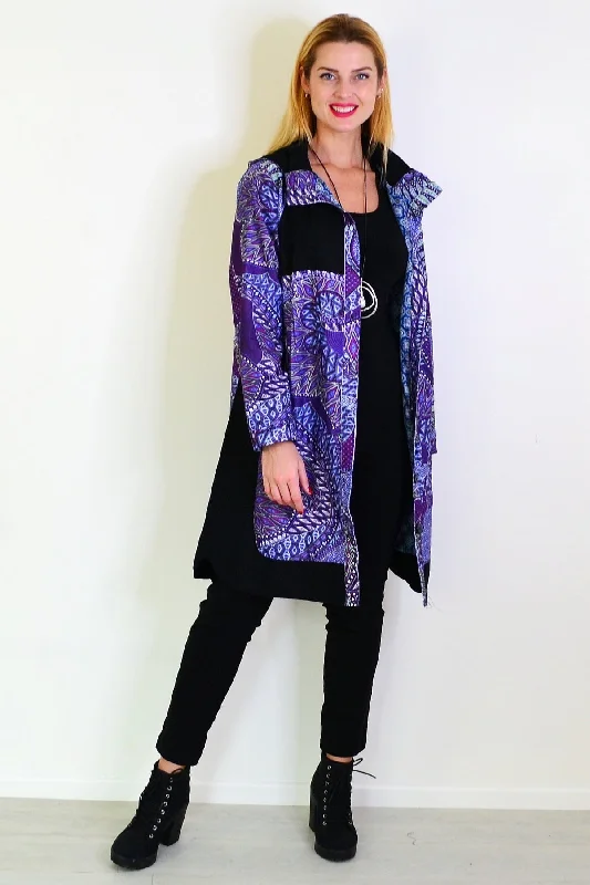 High Neck Work Maxi Dresses-Purple Print Long Corduroy Jacket