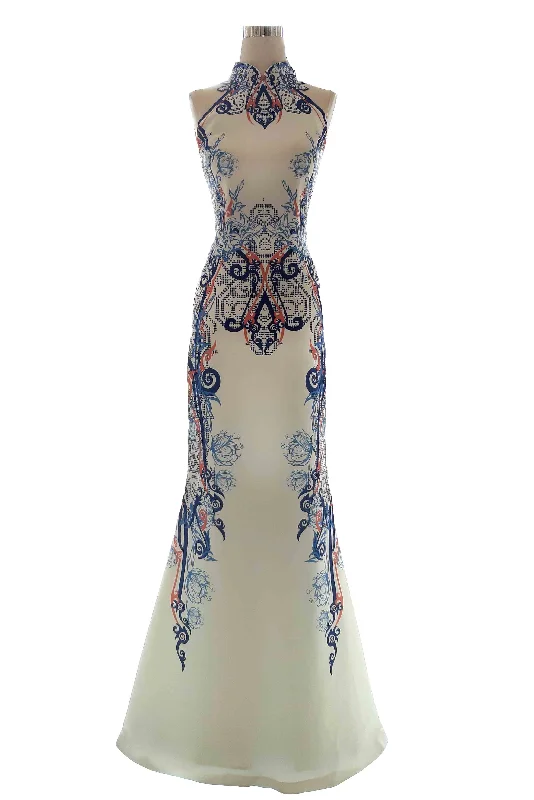 Halter Pink Maxi Dresses-Rent : Albert Yanuar - CheongSam Printed Long Dress