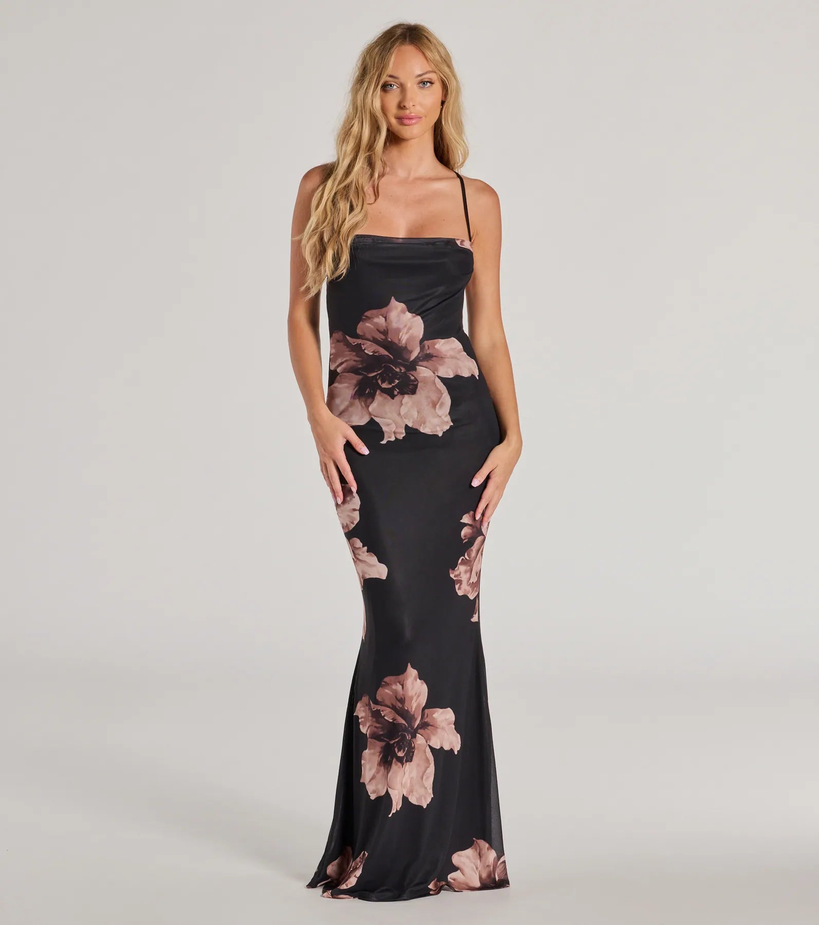 Cotton Club Maxi Dresses-Romance Era Floral Lace-Up Back Long Mermaid Dress