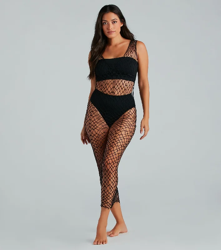 Mesh Beach Maxi Dresses-Stylishly-Sheer Long Fishnet Coverup Dress