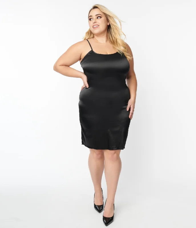 Plus Size White Maxi Dresses-Unique Vintage Plus Size Black Satin Long Slip